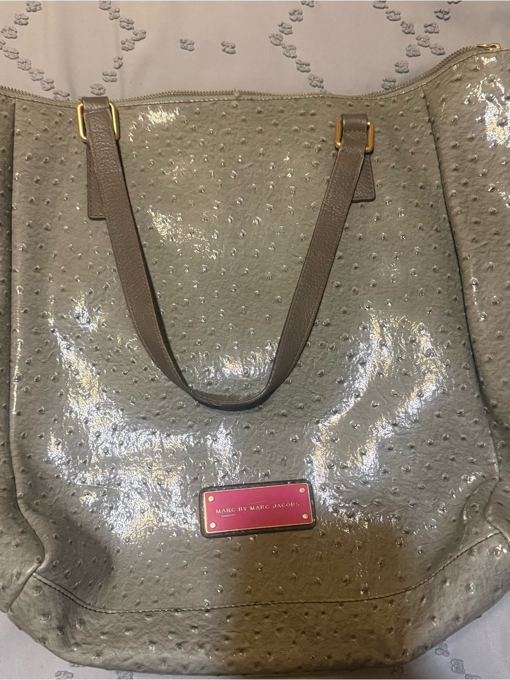 Marc by Marc Jacobs Grey Patent Ostrich-Embossed Tote